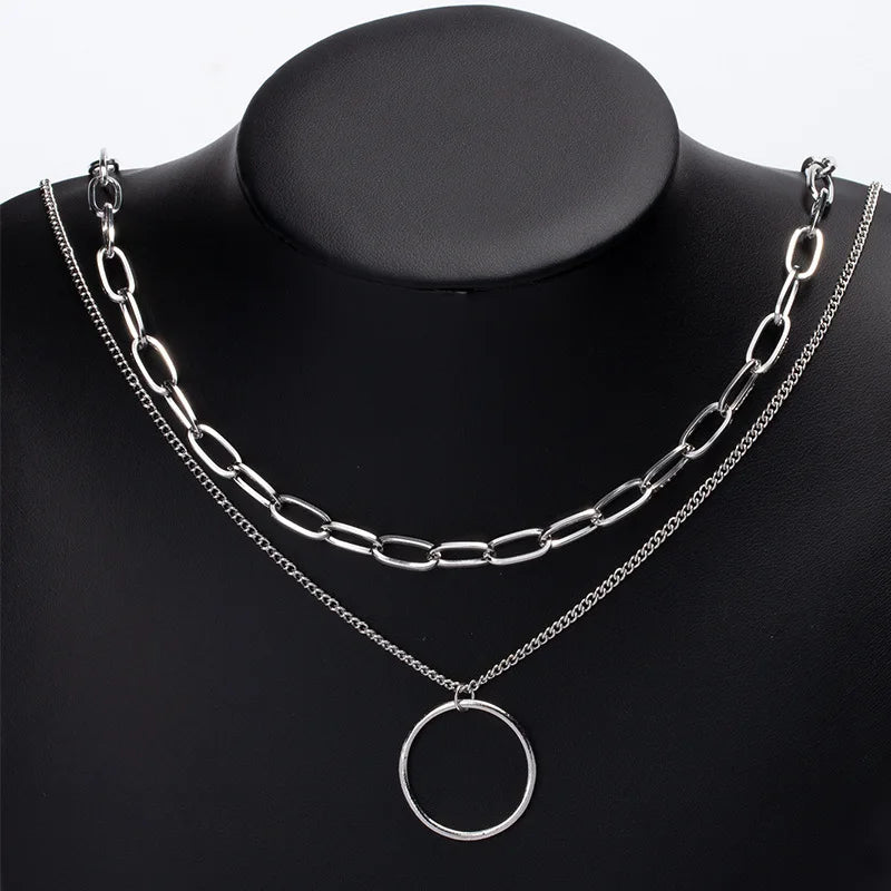 Double Layered Necklace Circle Pendant Jewelry Fashion Neck Chain Metal Choker Personalized Clavicle Chain