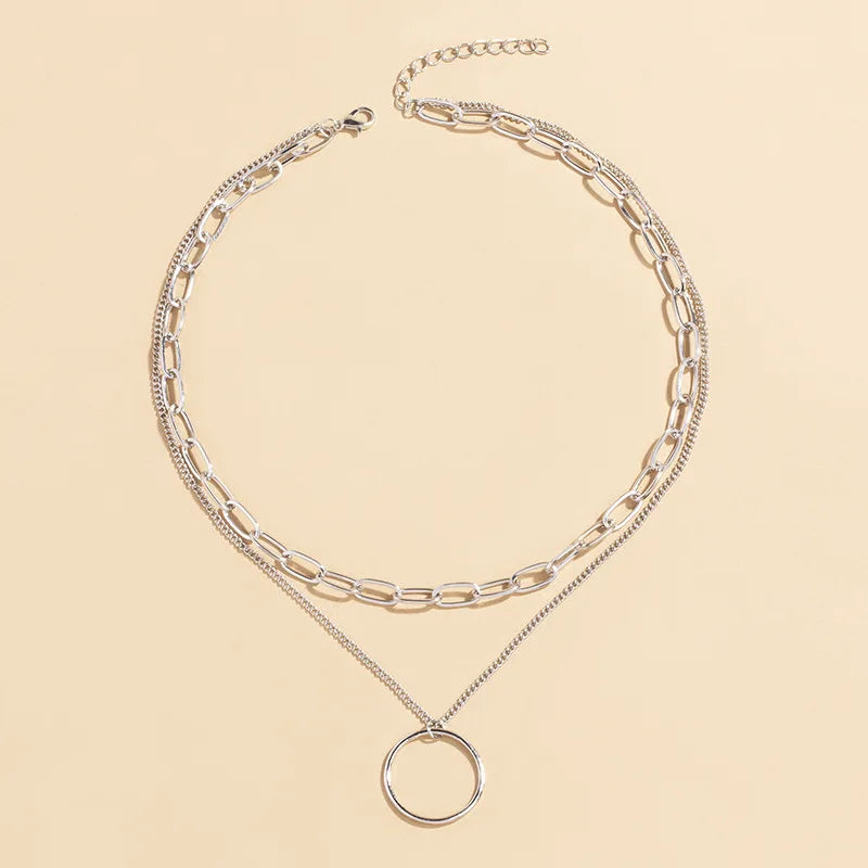 Double Layered Necklace Circle Pendant Jewelry Fashion Neck Chain Metal Choker Personalized Clavicle Chain