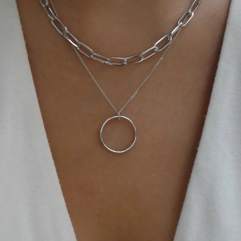 Double Layered Necklace Circle Pendant Jewelry Fashion Neck Chain Metal Choker Personalized Clavicle Chain