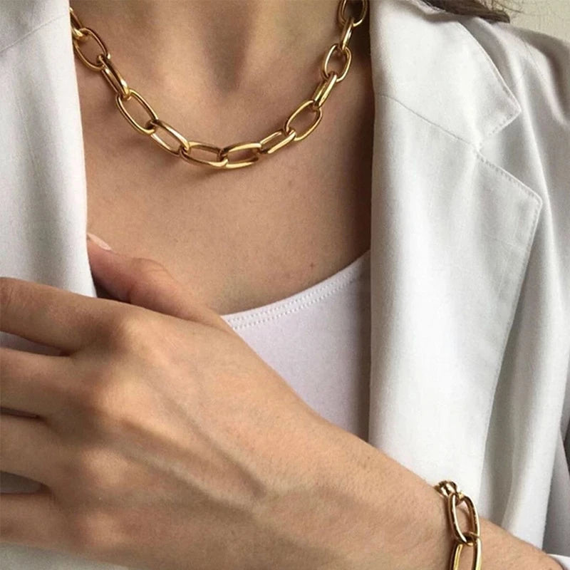 New Fashion Big Necklace for Women Punk Rock Twist Gold Silver Color Hollow Link Chunky Thick Lock Choker Chain Necklaces Party