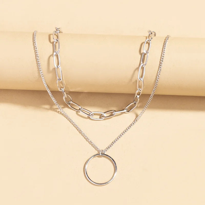Double Layered Necklace Circle Pendant Jewelry Fashion Neck Chain Metal Choker Personalized Clavicle Chain