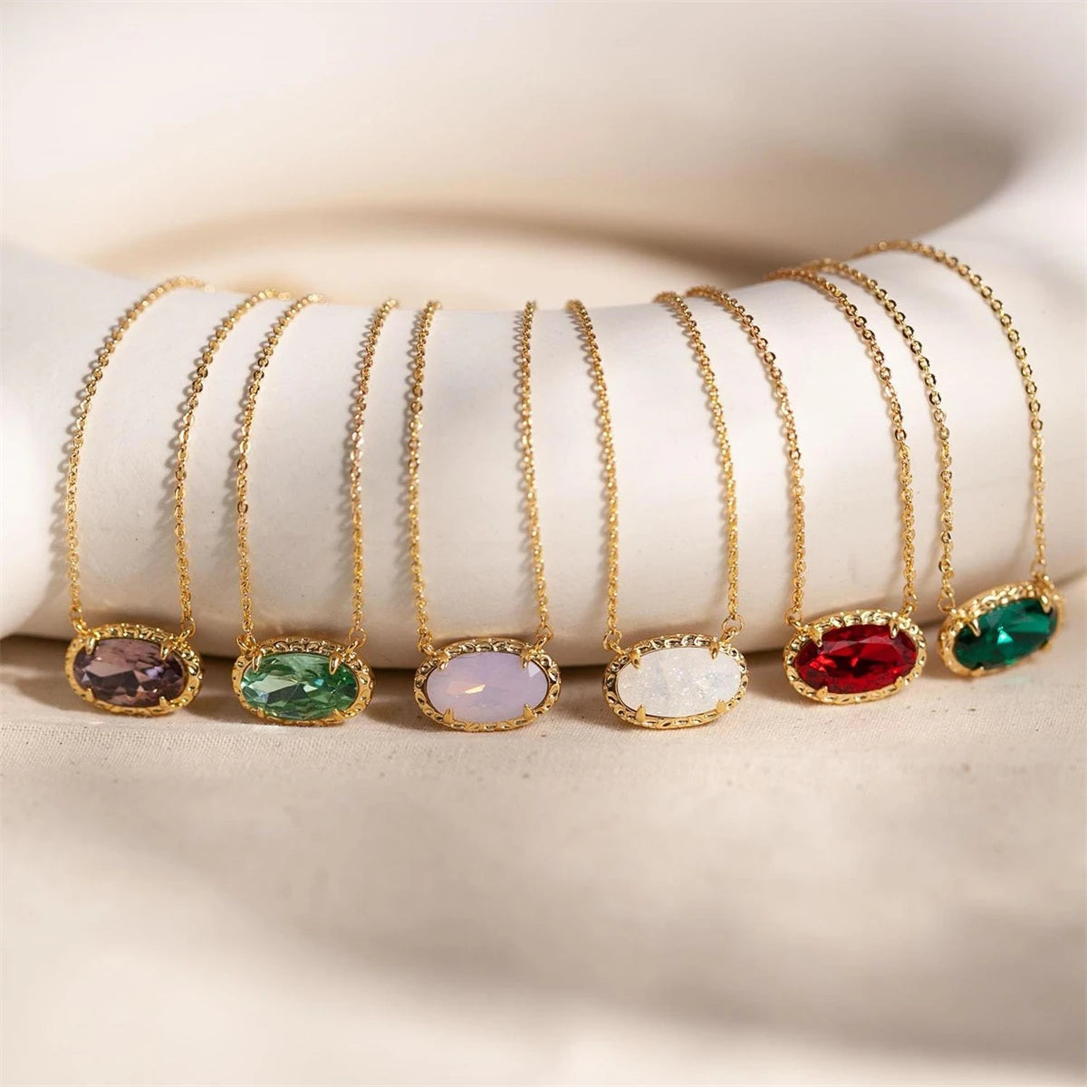 Colorful zircon, natural stone, bone chain, oval, fashionable, popular, niche, personalized jewelry, gold-plated