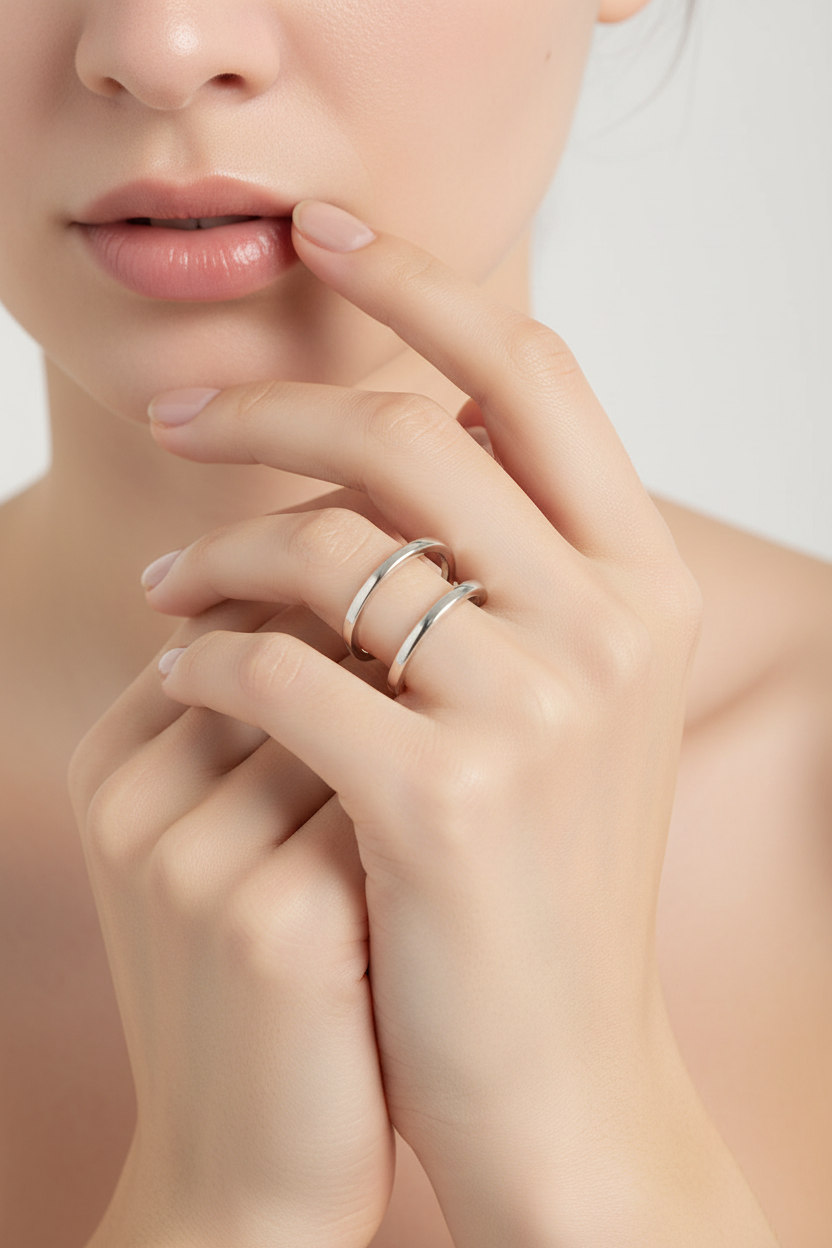 Silver ring on hand - full view